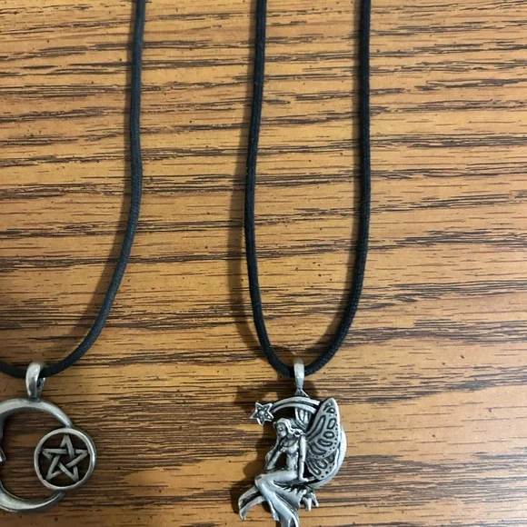 Two Stainless Steel  Moon and Fairy Pendant Necklace On Black Cord - Picture 3 of 4